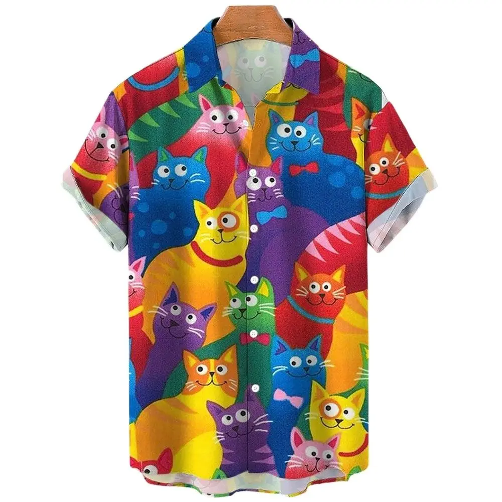 Men's Shirts Summer 3D Colorful Cute Cats Print Short Sleeve Hawaiian Shirt Vintage Casual Male Female Clothing Fashion Tops 5XL