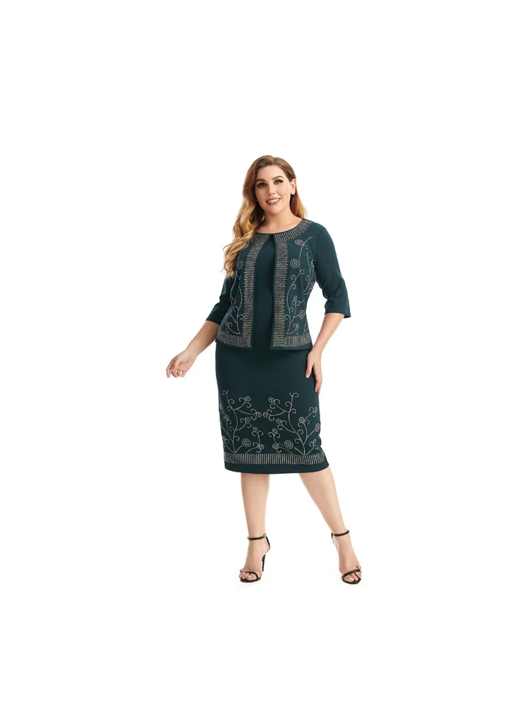 Summer large size women's fake two hot diamond sweet solid color dress plus size outfits  evening dresses