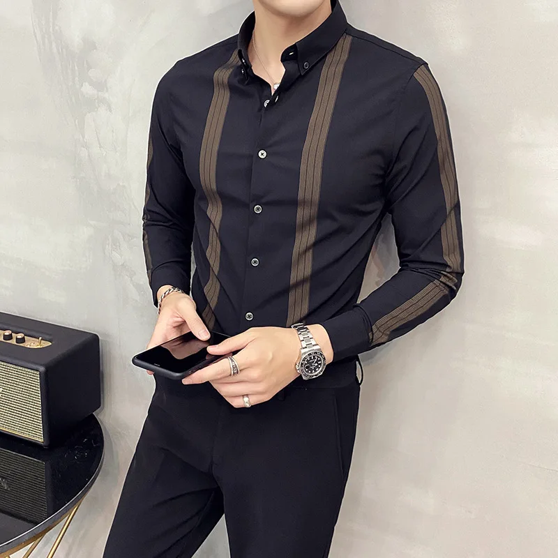 High Quality Striped Shirts Men Summer Long Sleeve Slim Fit Business Formal Dress Shirt Social Party Casual Man Clothing Camisas