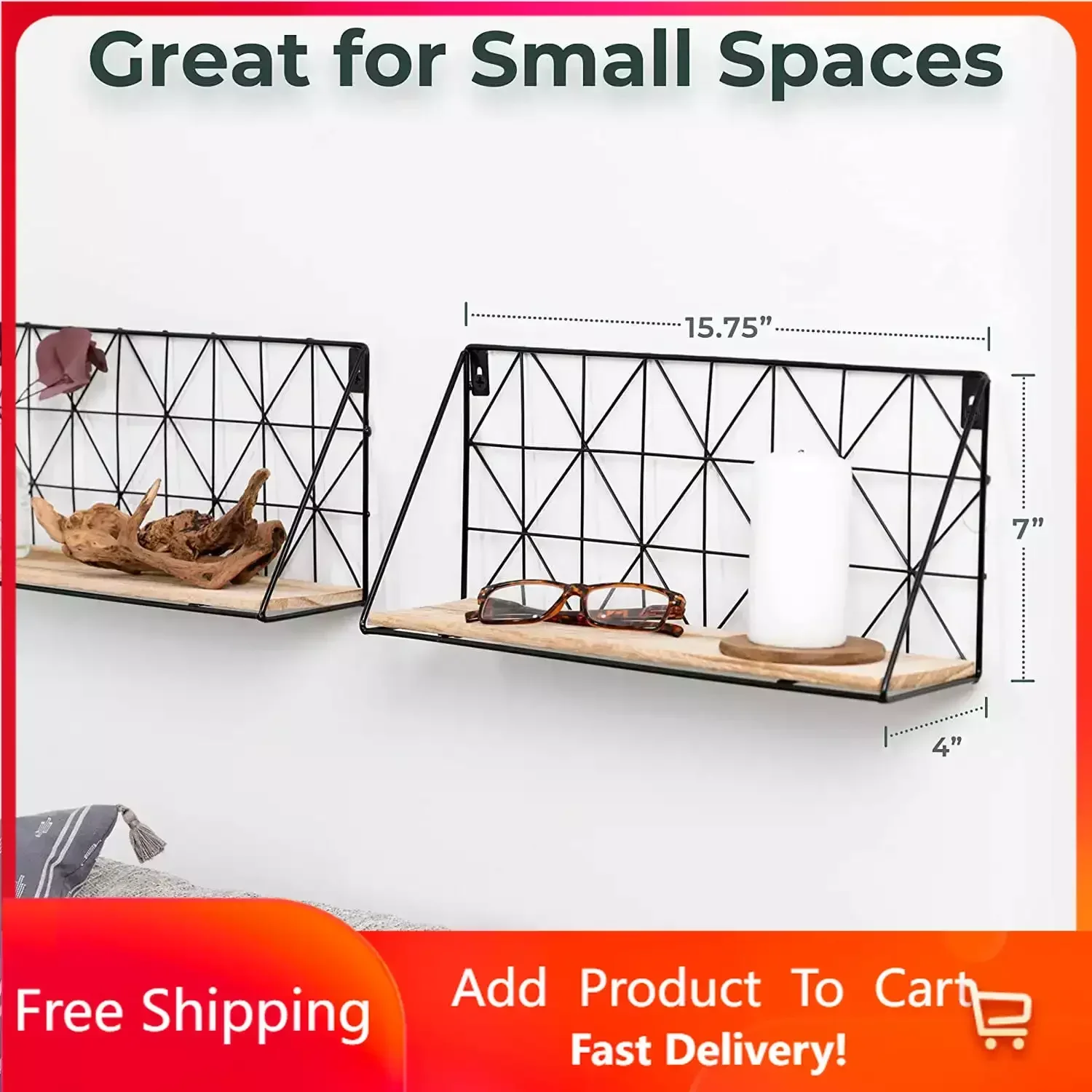 

Geometric Wall Décor Shelves | Wood Floating Shelves | Dimensions 7" x 15.75" Black Set of 2 g
