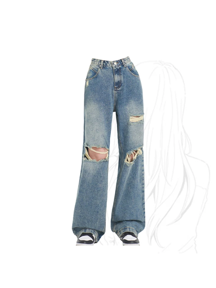 

Женские свободные рваные джинсы с высокой талией, джинсовые брюки с широкими штанинами, винтажная уличная одежда, корейские модные прямые брюки Y2k на лето