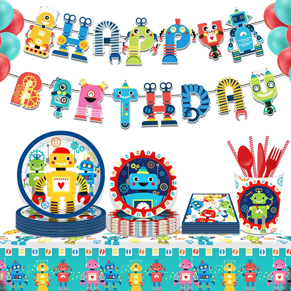 

Kids Cartoon Mechanic Robot Birthday Party Disposable Tableware Sets Plates Balloons Banner Baby Shower Party Crafts Decorations