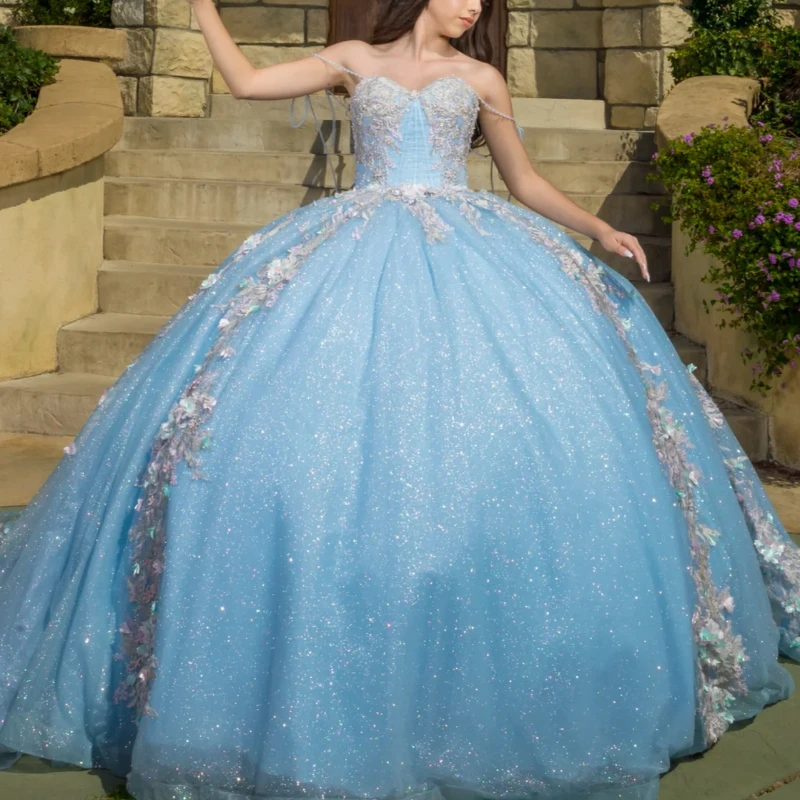 Небесно-голубое блестящее платье Quinceanera с открытыми плечами Vestidos De 15 Anos кружевное