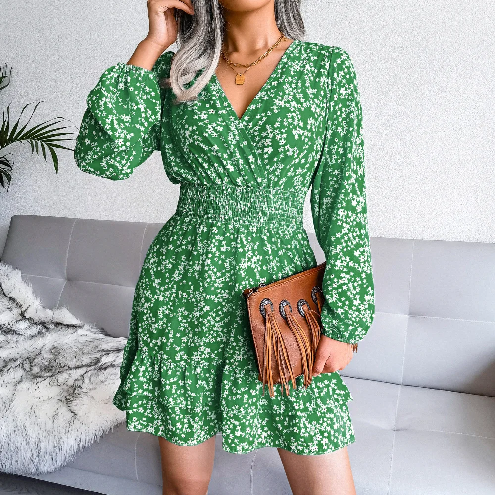 

Spring Autumn Women V Neck Full Sleeve High Waist Summer Floral Print Chiffon Dress