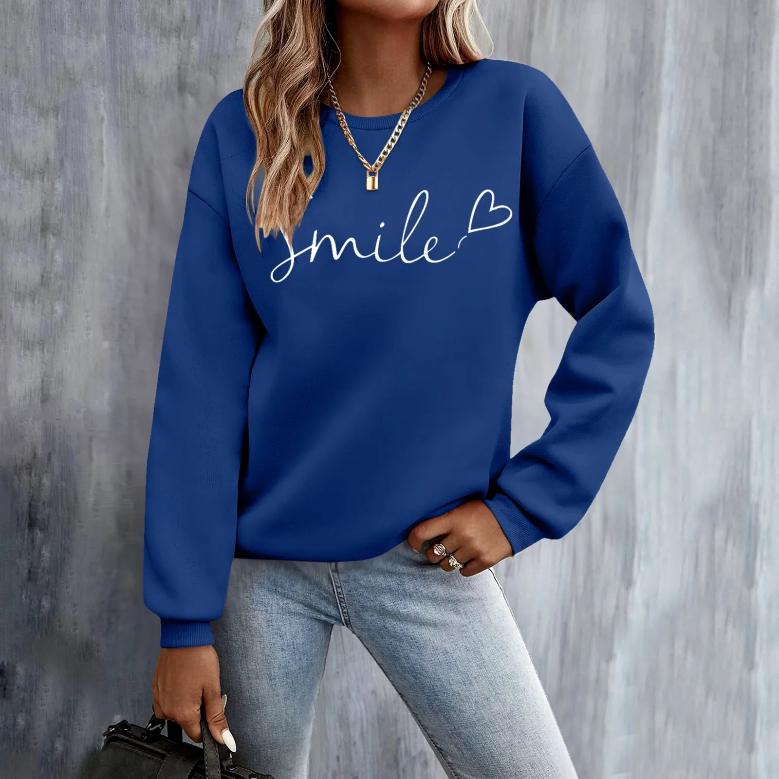 Smile Letter Print Pullover Sweatshirts Womens Outdoor Harajuku Long Sleeve O Neck Blouses Streetwear Sweatshirt Women