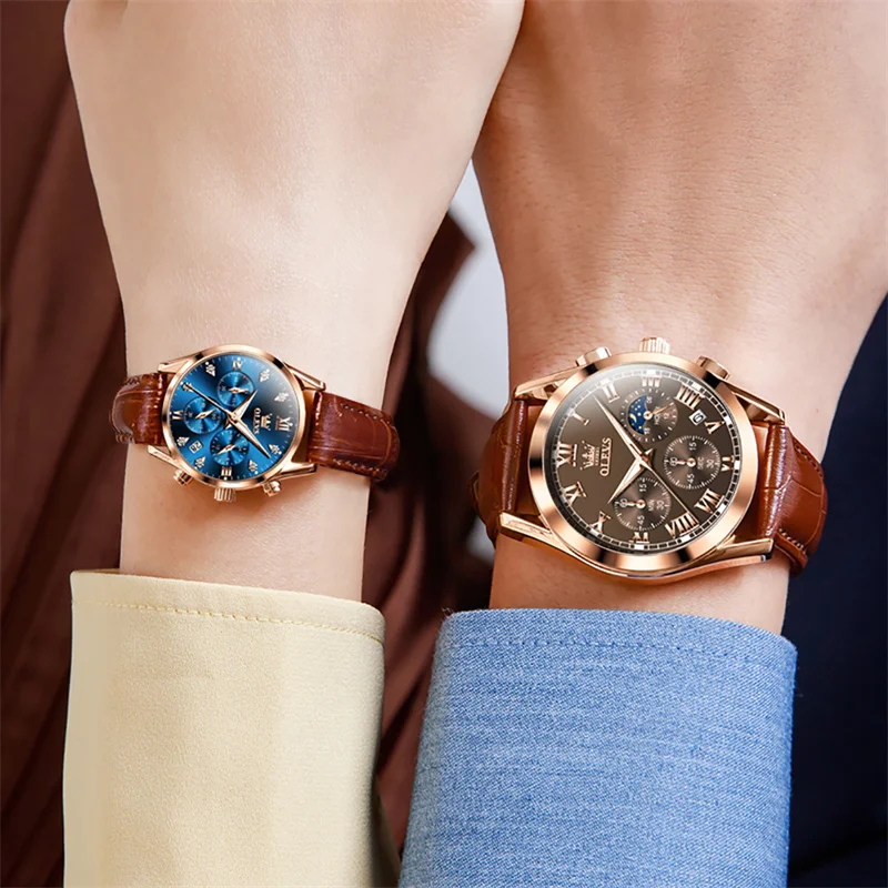OLEVS Watch Men Rose Gold Couples Wristwatch Fashion Ladies Watches Leather Luminous Date Quartz Lovers Clock Reloj
