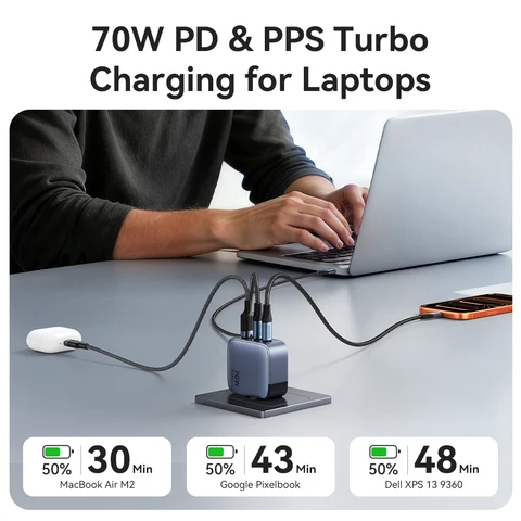 Зарядное устройство Vention 70W GaN с быстрой зарядкой Quick Charge 3.0 USB-C для iPhone 17 16 15 Pro, iPad, Macbook Air, планшетов, быстрое зарядное устройство PD Type-C