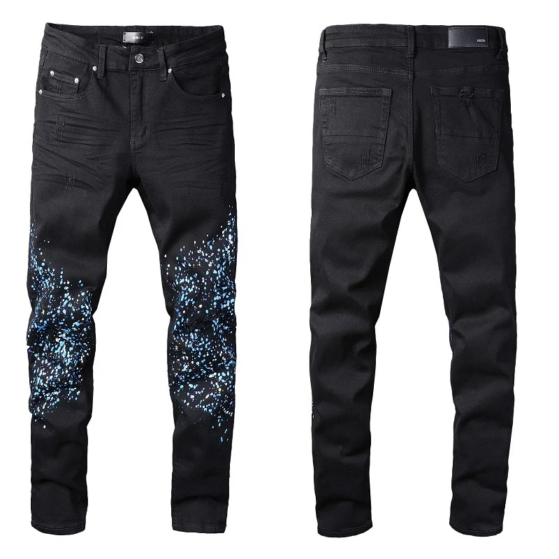 

2022 New Trend Fashion Paint Splatter Jeans Men Washed Hole Slim Jean Fashion Streetwear Jean European Motorcycle Jeans Pant