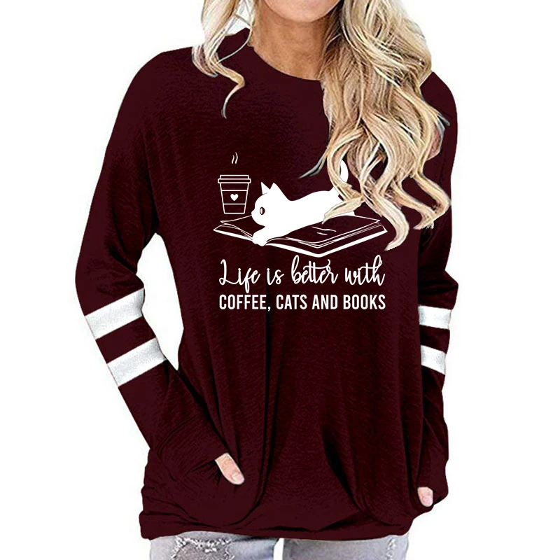 Женская хлопковая футболка с длинным рукавом принтом кофейного кота и книг