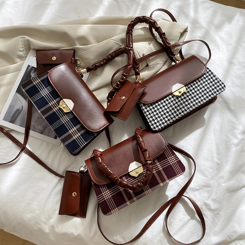 

Модная кожаная клетчатая сумка-тоут в стиле ретро, женская сумка-Кроссбоди с плиссированной ручкой, Молодежная женская сумка