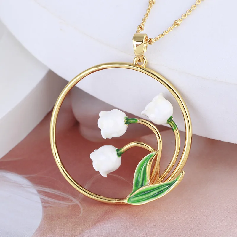 

European and American Sen Series Retro Paint Hand-painted Color Glaze Lily of the Valley Elegant Ring Pendant Long Necklace