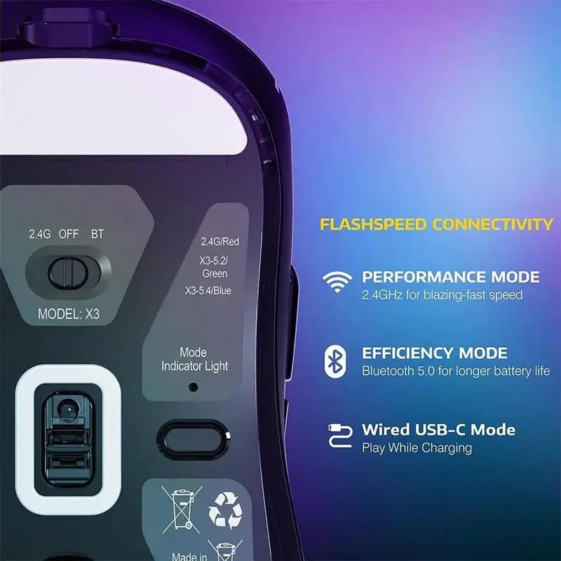 Беспроводная игровая мышь PAW3395 X3 легкая с 3 режимами 2 4G проводная Bluetooth 26K DPI