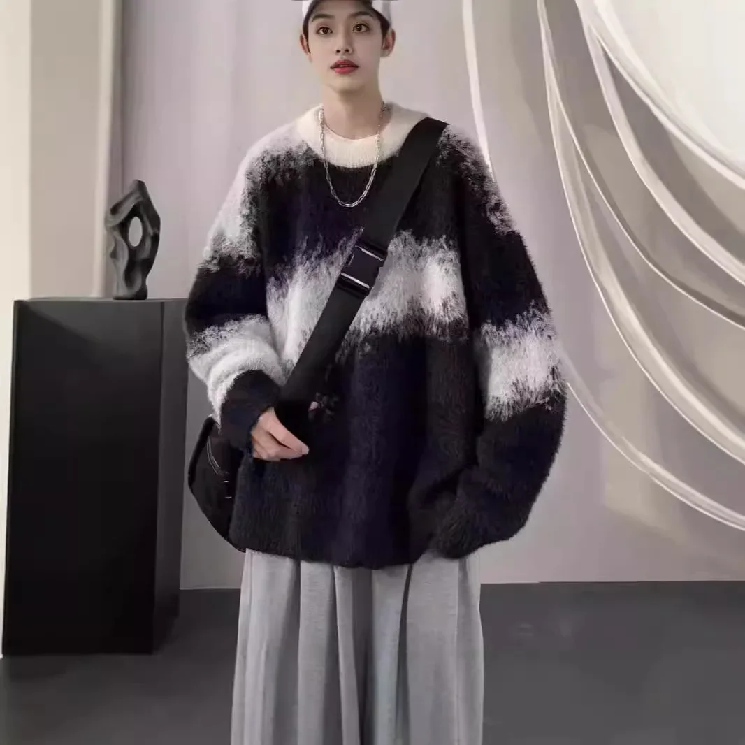 2024 модный мужской свитер зимний американский стиль винтажный полосатый вязаный