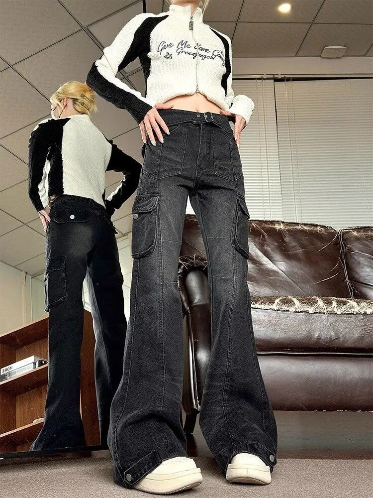 Женские джинсы-карго с множеством карманов в стиле ретро