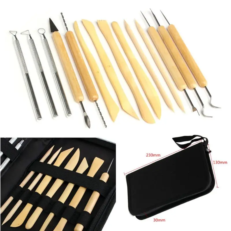 

67JE Pack of 14 Wooden Metal Pottery Clay Sculpture Handled Hand Crafts Tools