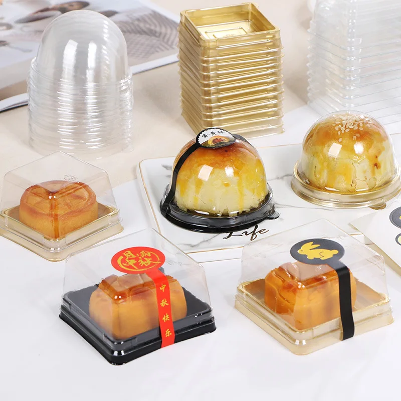 

50pcs Square Plastic Mooncake Dome Boxes Disposible Round Egg Yolk Crisp Moon Cake Box Packaging Dessert Mousse Trays Container