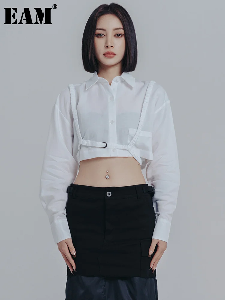 

[EAM] Women White Bandage Short Big Size Blouse New Lapel Long Sleeve Loose Fit Shirt Fashion Tide Spring Autumn 2022 1DE6579