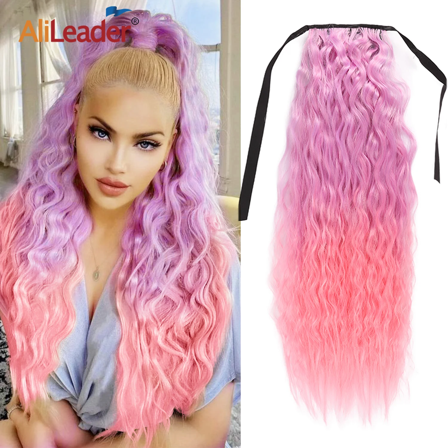 

Ombre Synthetic Ponytail Long Corn Wavy Ponytail Drawstring Ponytail Hairpiece Extension 24Inch Corn Wavy Long Ponytail Hairpiec