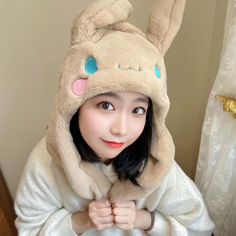 

Kawaii Sanrio Cartoon Plush Hat Ears Will Move Winter Cinnamoroll Cold Proof Warm Scarf Hat Christmas Creative Birthday Gifts