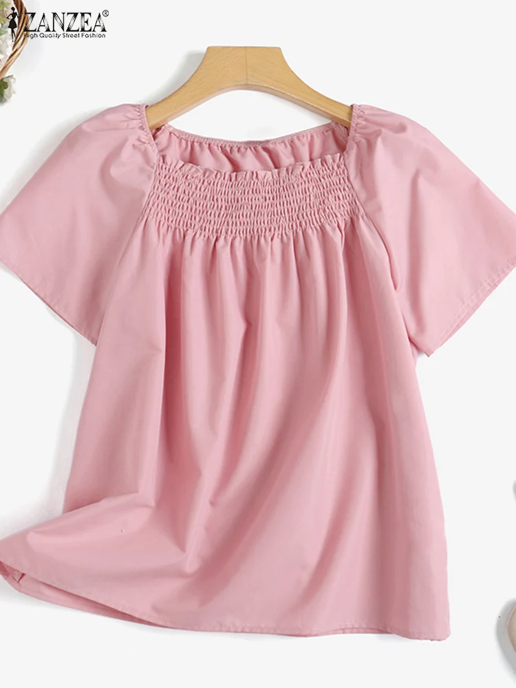 Женские корейские блузки ZANZEA с квадратным вырезом лето 2024 праздничные розовые
