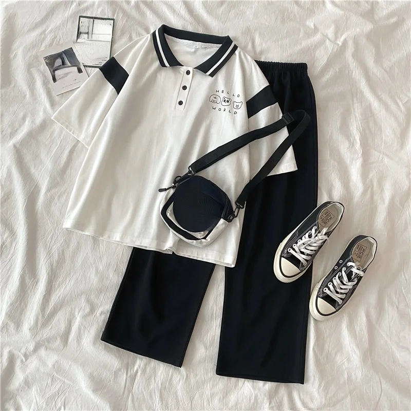 

2022 New arrivals Two Piece Set Women Cartoon Print T shirt And Long Pants Sets Casual loose Short Sleeve cute student Tracksuit