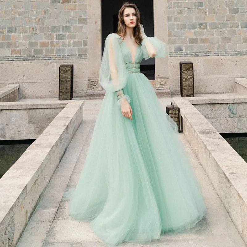 

GUXQD Deep V-Neck Tulle Evening Dresses Backless Vestidos De Fiesta De Noche Floor-length Beads Sash Princess Party Gowns