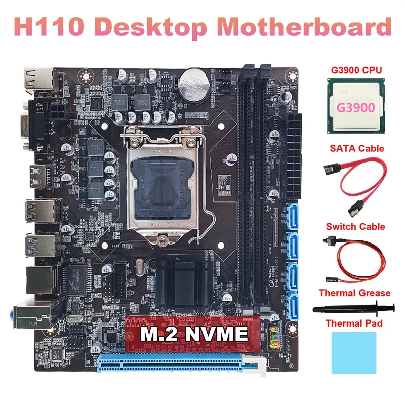 

H110 Desktop Motherboard+G3900 CPU+SATA Cable+Switch Cable+Thermal Grease+Thermal Pad LGA1151 DDR4 For 6/7/8Th CPU