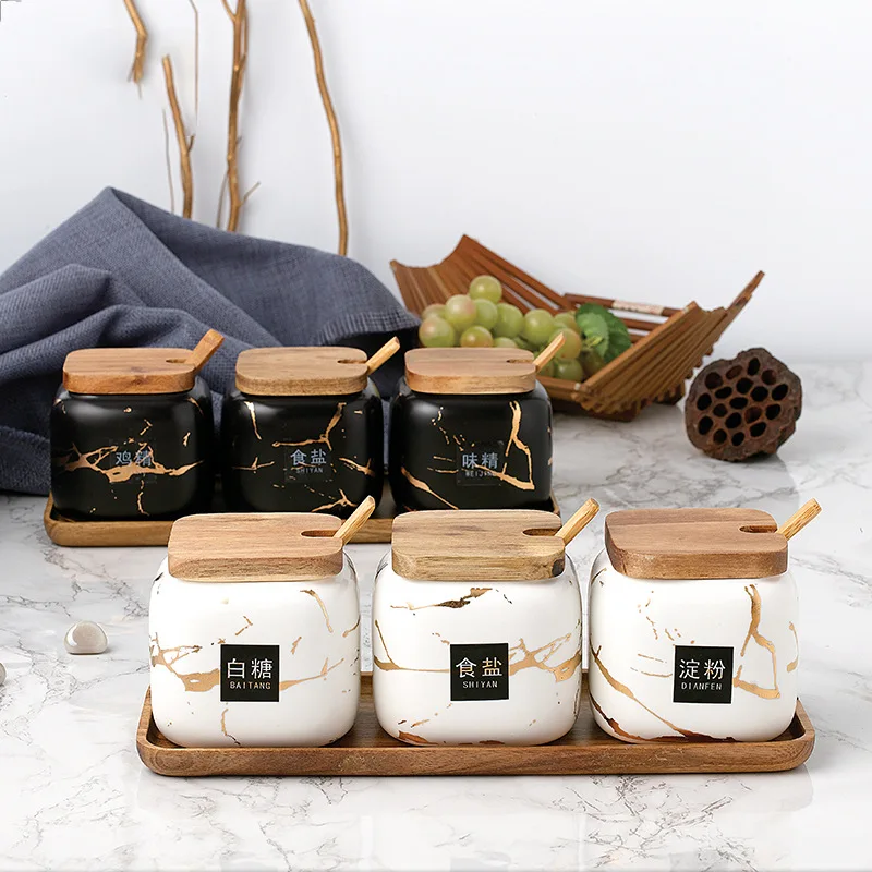 

Ceramic Spice Jar Set Marble Ceramic Seasoning Pot Container Seasoning Rack Salt Sugar Bowlfor Kitchen Pepper Shaker Storage Box