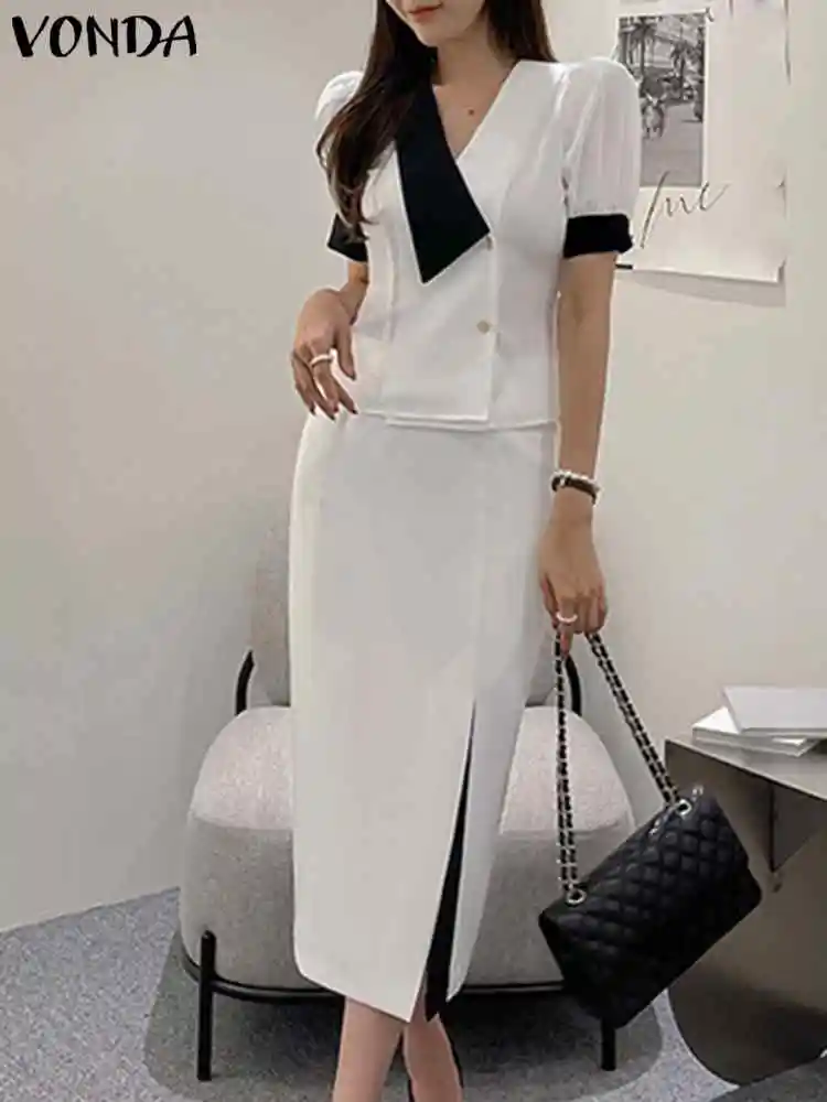 

Women Dress Sets 2023 VONDA Sexy V-neck Short Sleeve Solid Color Splicing Shirt+Skirt Suits Femininas Casual Women Clothing