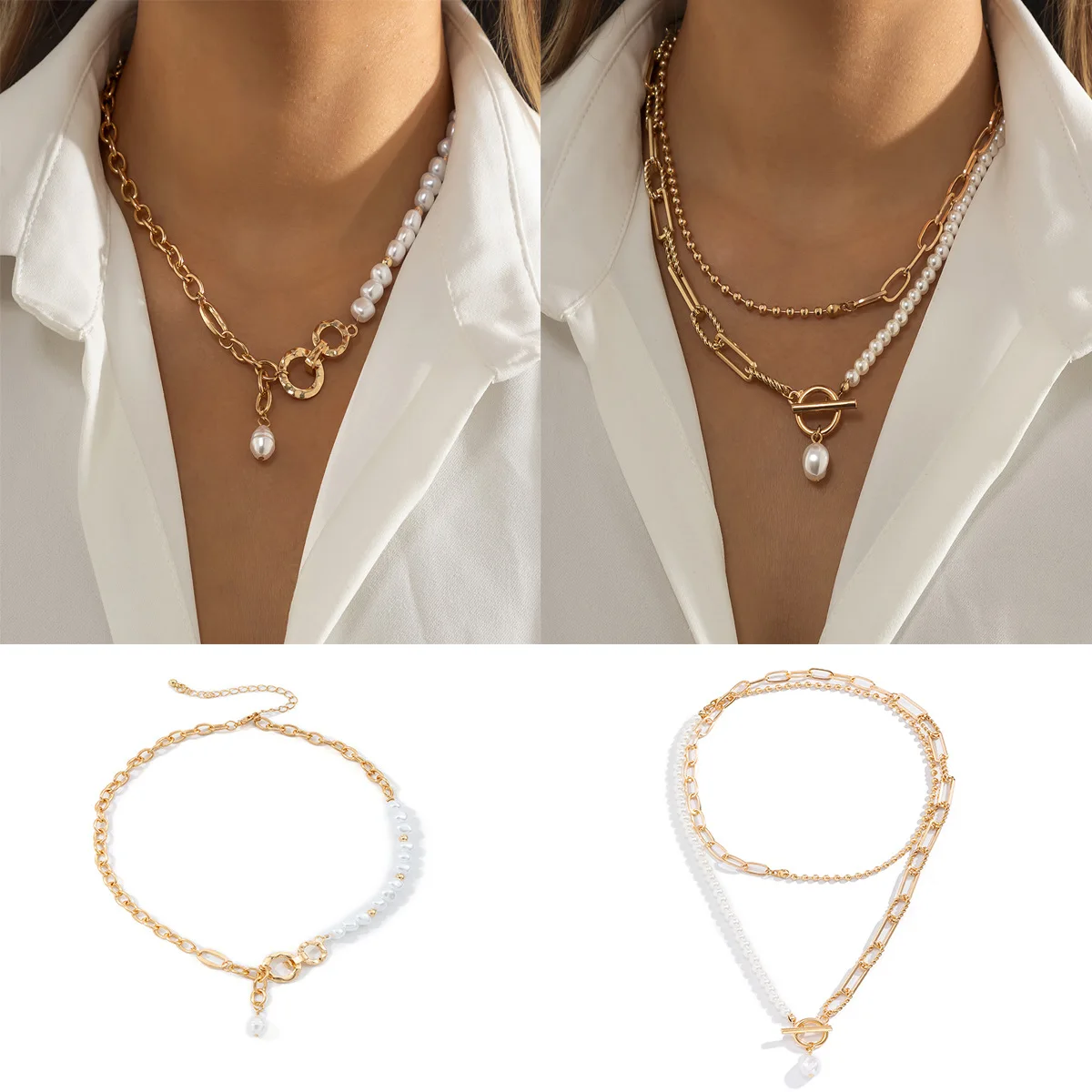 

Vintage Imitation Pearl Chains Choker Clavicle Chain Necklace Women Splicing Stacked Necklaces Simplicity Jewelry Accessories