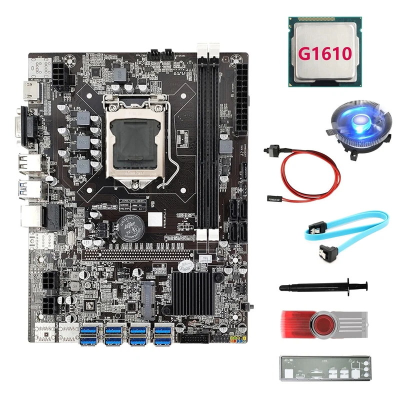 

Материнская плата B75 8USB BTC Miner + ЦП G1610 + Драйвер USB 64 ГБ + вентилятор + кабель SATA + кабель переключателя + термопаста + перегородка для ETH