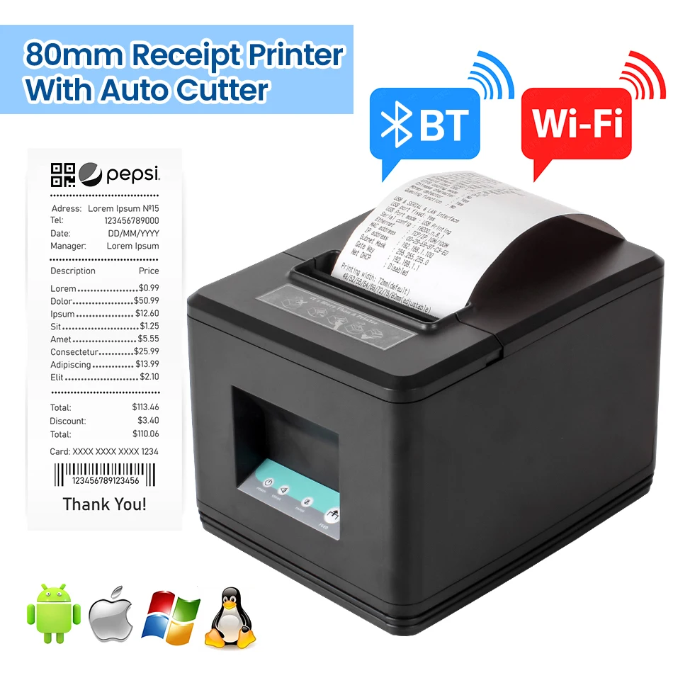 

80mm Wifi Thermal Receipt Printer Desktop POS Bill Printers With Auto Cutter Mobile Windows Driver ESC Support Bluetooth LAN USB