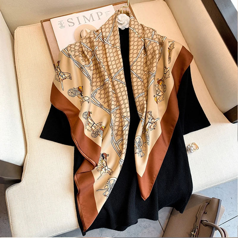 

Plaid Solid Square Scarf Women Luxury Twill Silk Hijab Muslim Headscarves Bandana Female Shawl Wrap Foulard Soft Beach Stoles