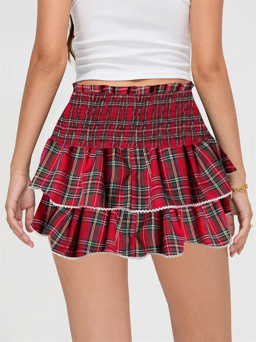 Женская мини-юбка многослойная юбка с низкой талией летняя клетчатая уличная