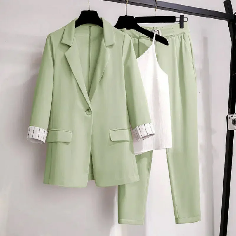 2023 New Spring Plus Size Korean Elegant Women's Suit Female Blazer Leisure Pants Tweed Suit Jacket Three Piece Jacket Pants Set