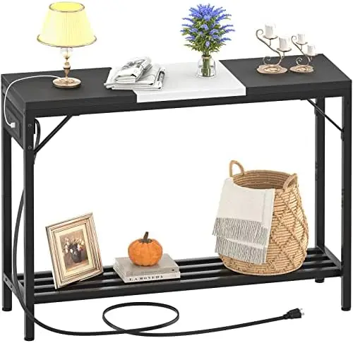 

Console Table with Power Strips, Sofa Table with Storage Shelves for Living Room, 2-Tier Foyer Tables for Entryway, Hallway, Beh