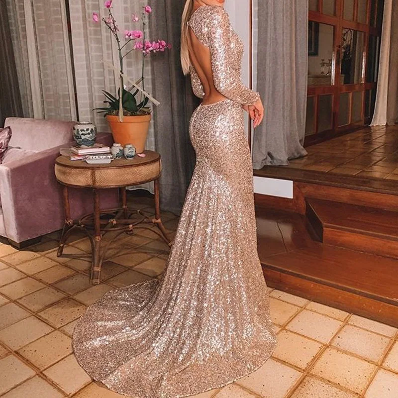 New Style Arrival Dress Women Ladies Dress Women's Sexy V-neck Open Back Sequin Long Dress Wedding Party Dress Celebrity Host