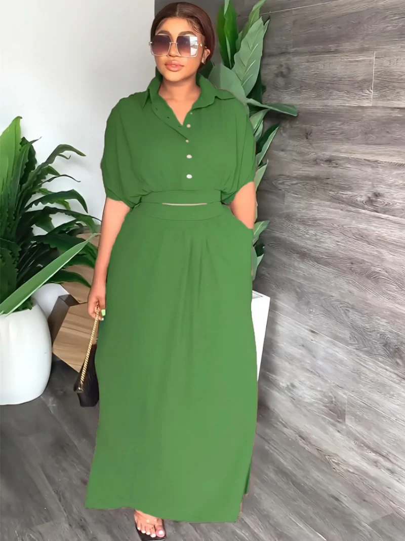

2 Piece Sets Dashiki African For Dress Women Party Shiny Half Sleeve Shirt Tops Solid Color Slit Bodycon Midi Skirts Suit