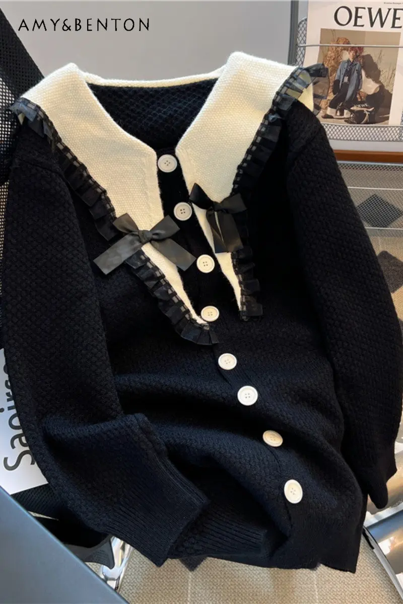 

Doll Collar Loose Knitted Cardigan Dress for Women Autumn and Winter New Sweet Elegance Bow Black Woolen Mid-length Coat