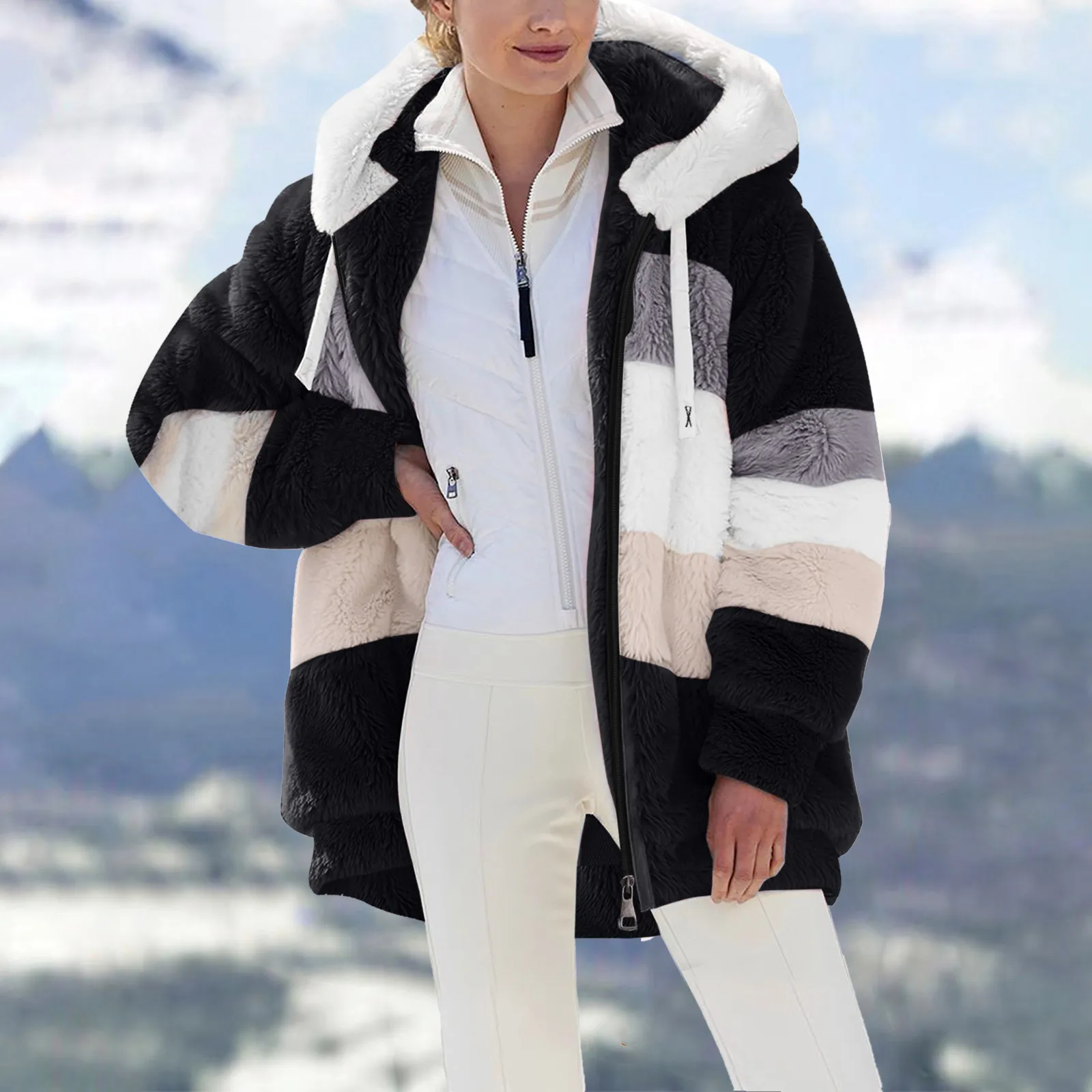 

Женская куртка из искусственного меха, теплая свободная флисовая куртка на молнии, с капюшоном и карманами, на осень-зиму 2023