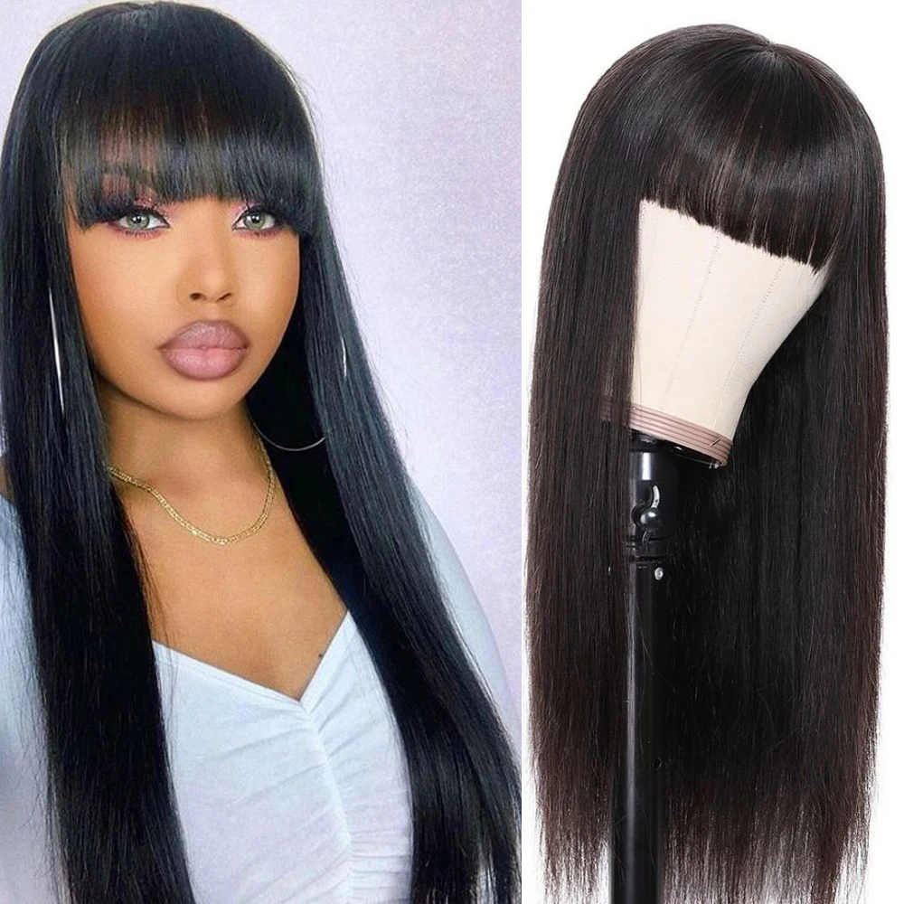 Scheherezade Straight Human Hair Wigs With Bangs Blonde Wig 99J Red Colored Wigs Full Machine Made Wigs Brazilian Remy Hair Wig