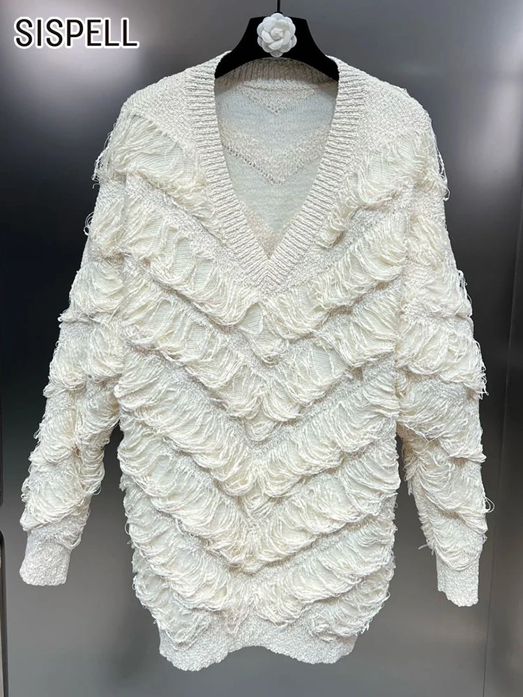 

SISPELL Knitting Sweater For Women V Neck Long Sleeve Patchwork Tassel Minimalist Sweaters Female Autumn Clothing Fashion 2022