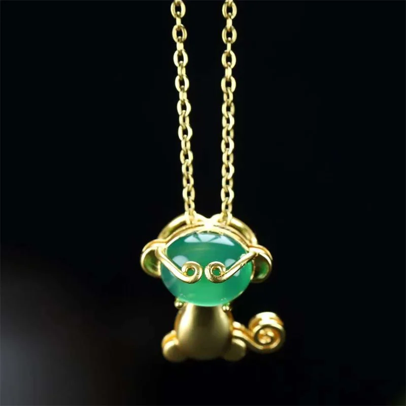 

Hot Selling Natural Hand-carved Gold Color 24k Inlay Jade Monkey Necklace Pendant Fashion Jewelry Men Women Luck Gifts