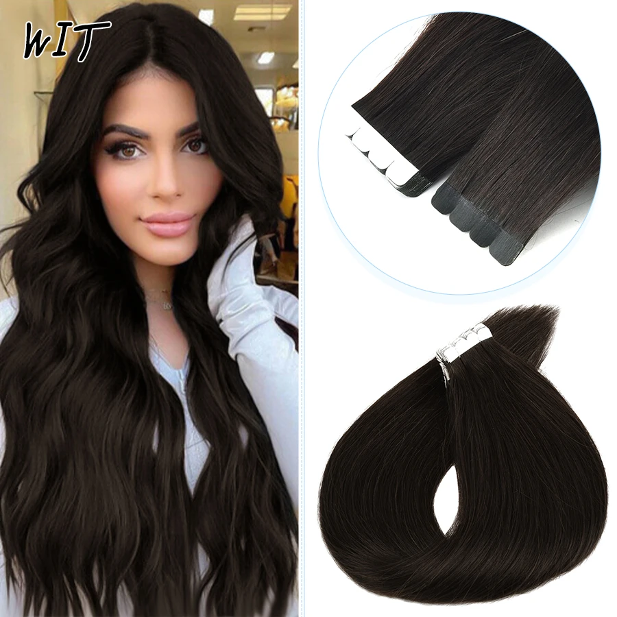 

WIT 6 Colors Mini Tape In Extensions Real Human Hair Wigs Machine Made Remy Hair Skin Weft Adhesive 12-24 Inches Black Brown Ins