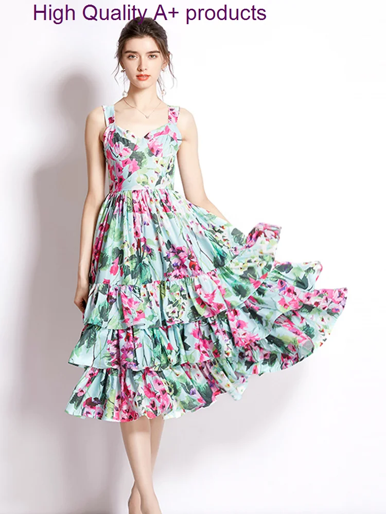 

Женское платье с каскадными оборками, модельное дизайнерское платье средней длины с цветочным принтом, праздничное платье на бретелях-спагетти, лето