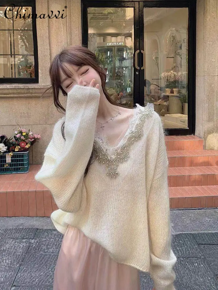 New Fashion High-Grade Diamond V Neck Pullover Sweater Women's 2022 Autumn Sweet Trendy Elegant Long Sleeve Soft Knitted Top