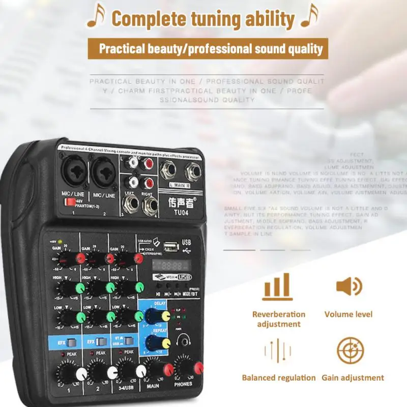 

TU04 HD Audio 4 Channel Sound Mixer Professional Portable Console Computer Input 48v Power Live Broadcast A4 Sound Audio Mixer