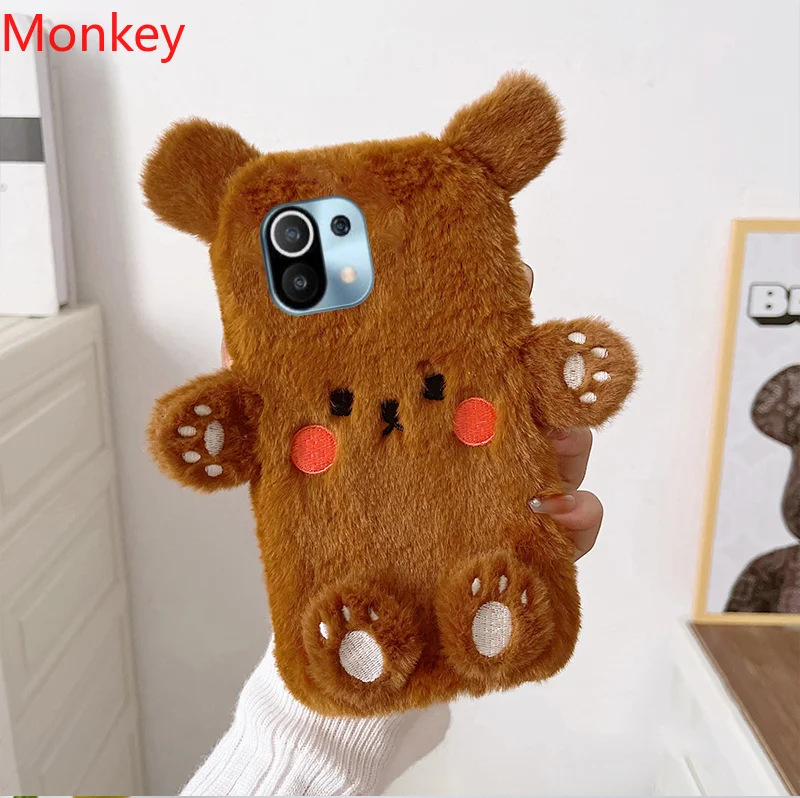

Cute Brown Bear Fur Phone Case For Xiaomi 12 Lite 12X 11Pro 11I 10 9 12T 10T Mi Poco F4 F3 X4 GT X3 Autumn Winter Tpu Case Cover