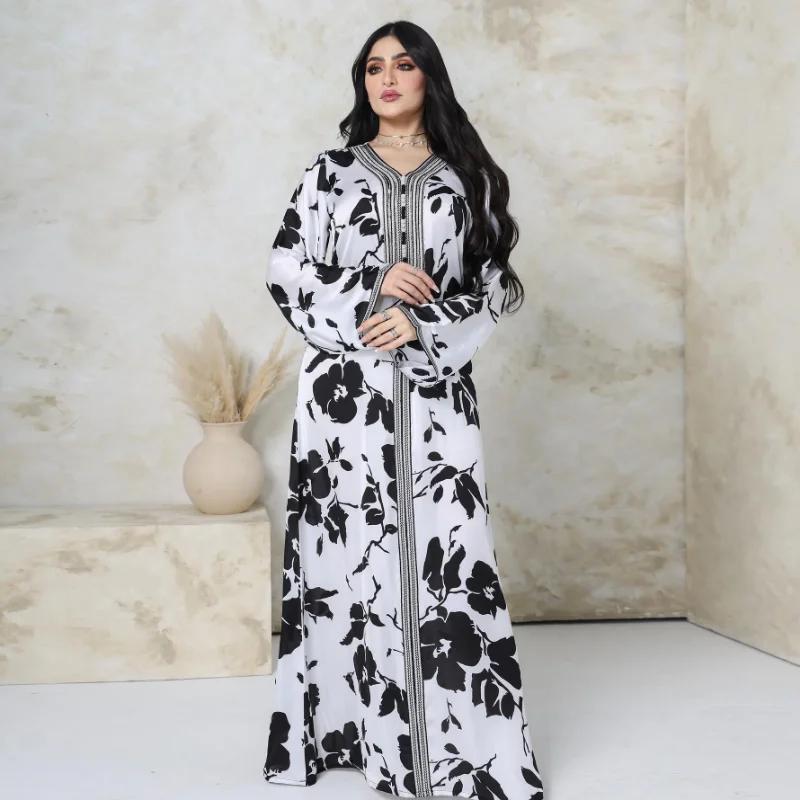 Muslim Fashion 2023 Spring Summer Muslim Women V-neck Long Sleeve Polyester Printing Long Abaya Muslim Dresses Abayas for Women