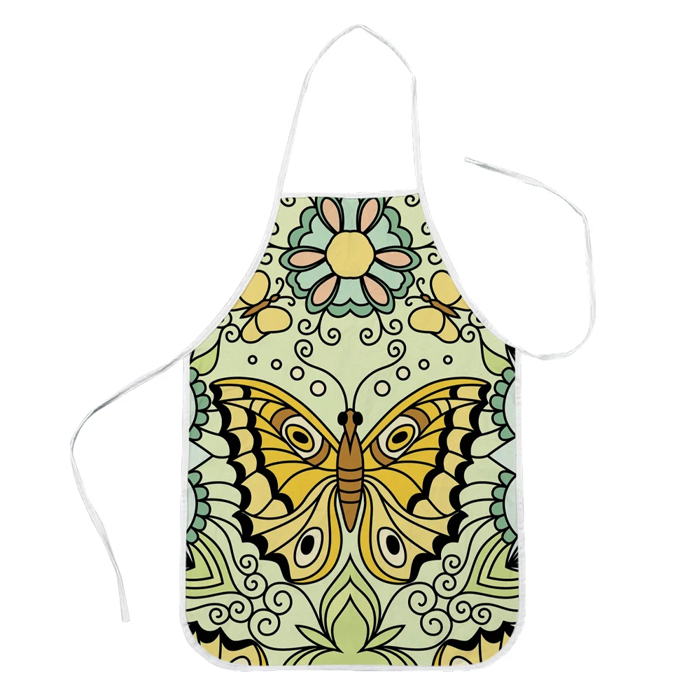 

HX Home Cooking Apron Retro Mandala Butterfly Printed Kitchen Aprons Coffee Shop BBQ Bib Clean Pinny Parent Child Size